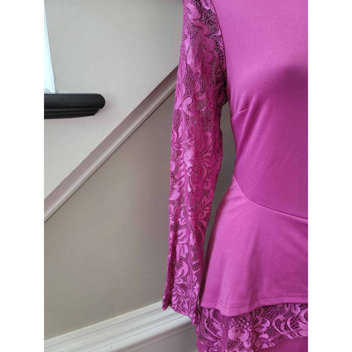 Stylish Pink Lace Jumpsuit Women's Size Medium Pink Round Neck Long Sleeves