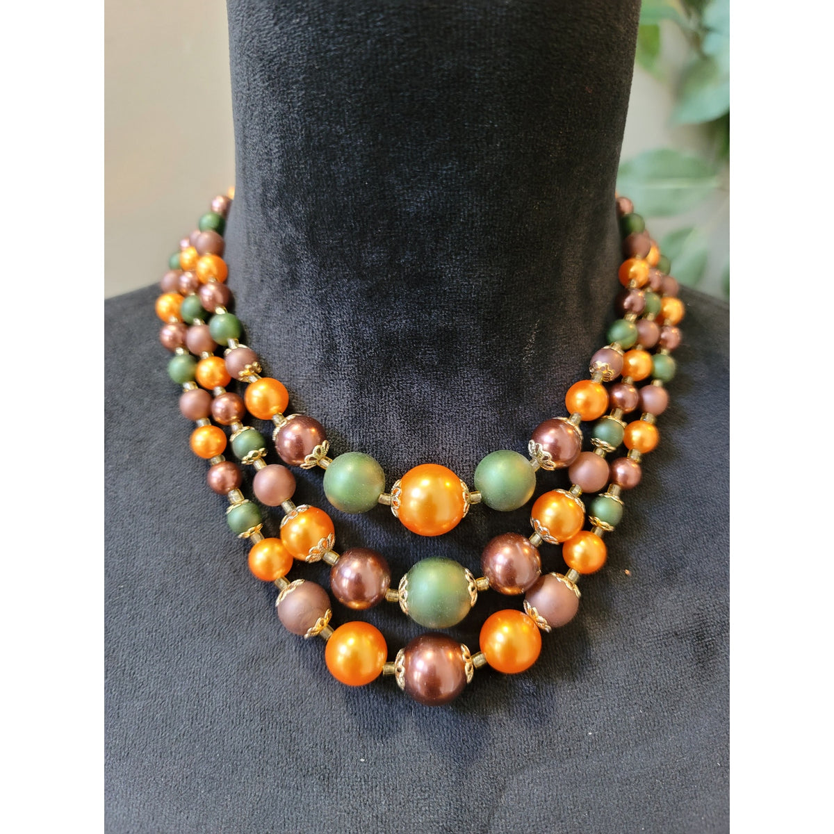 Women's Triple Strand Bead Necklace With Adjustable Hook Clasp Fall Colors