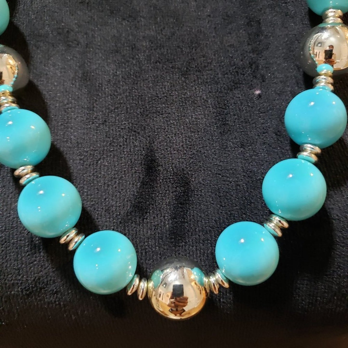 Womens Fashion Blue Round Gemstone Beads Collar Necklace with Spring Ring Clasp