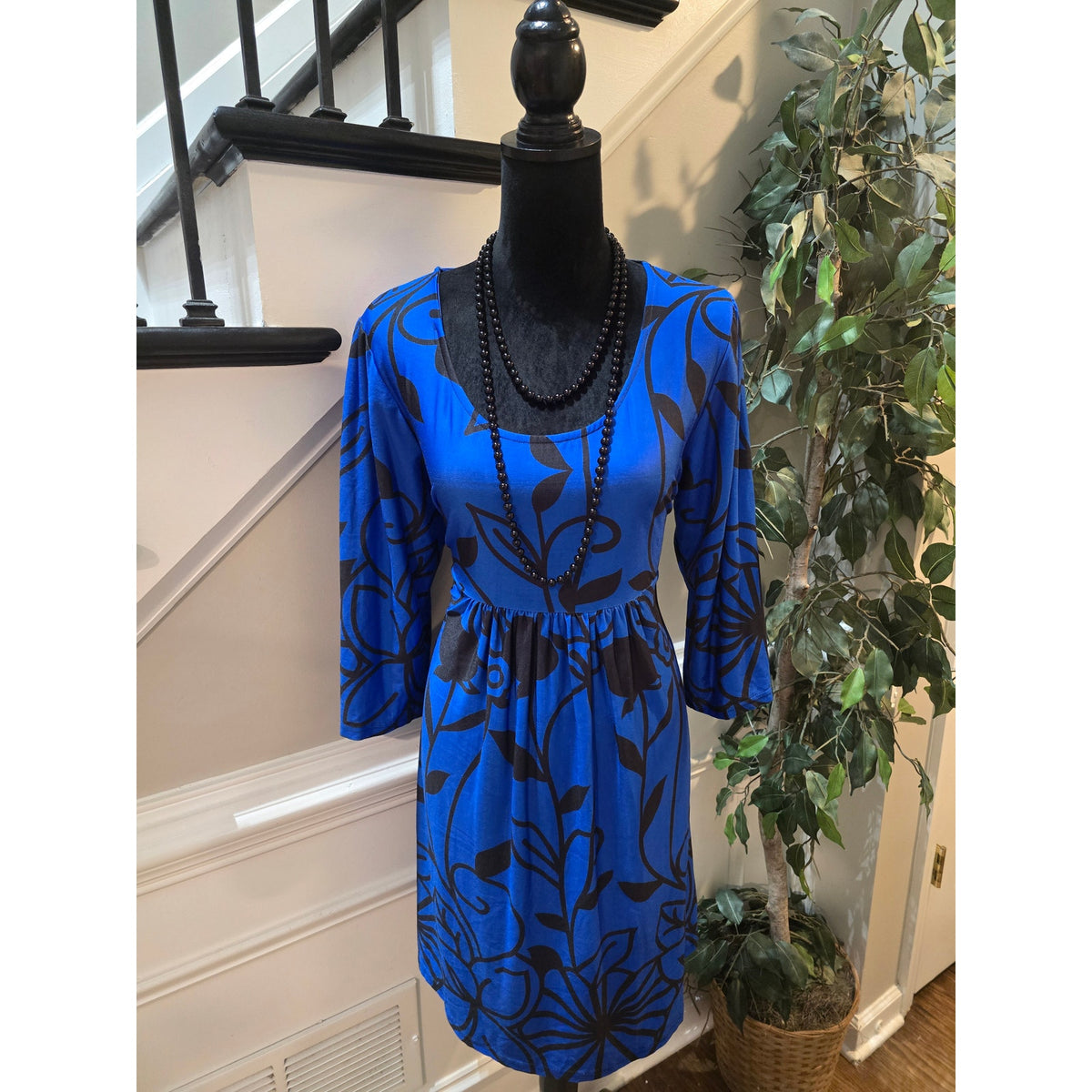 R&B Collection Midi Dress Women's 1X Blue Floral Casual Loose Fit Long Sleeves
