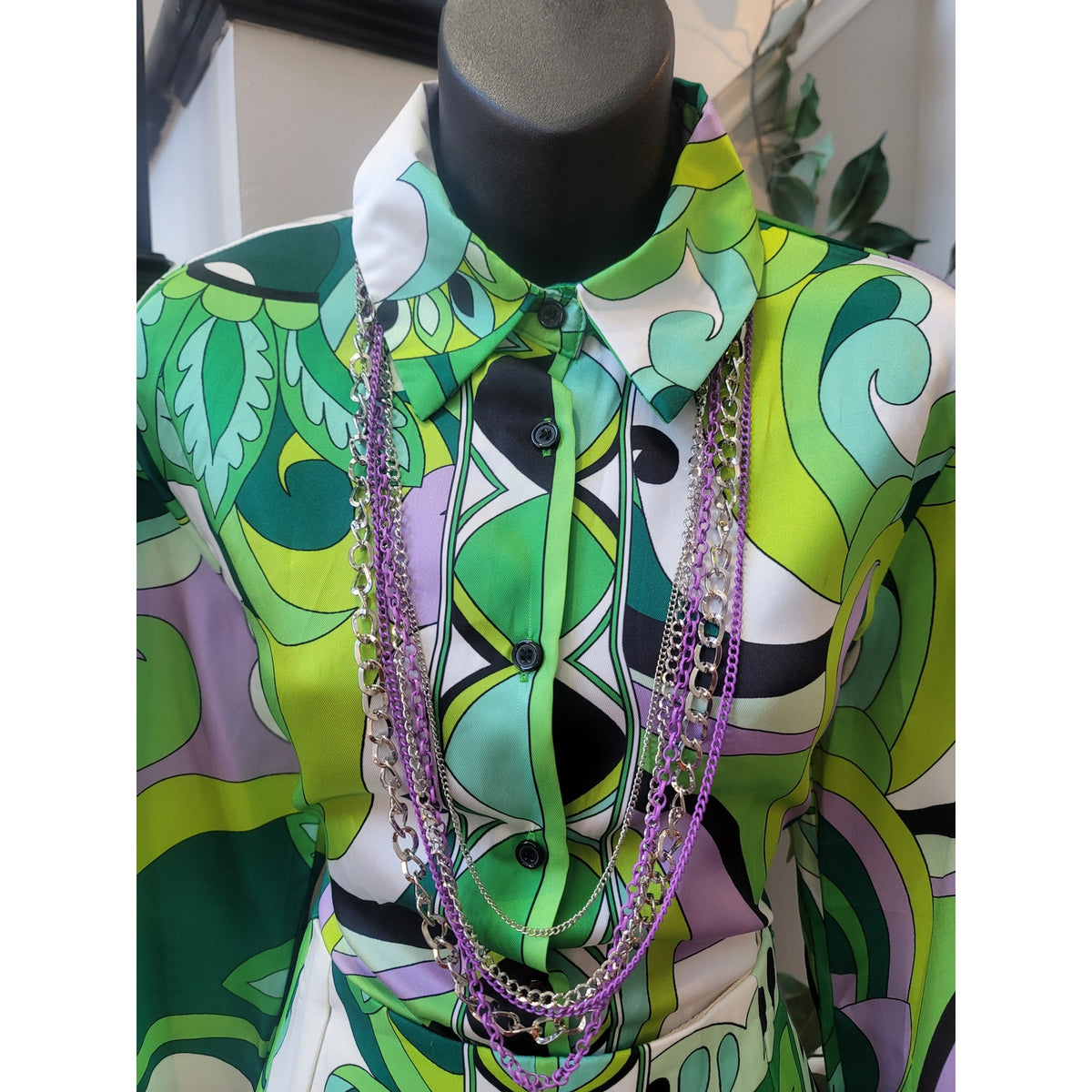 Fancy Dream Skirt Set Women's Green Geometric Button Up Side Zipper Long Sleeve