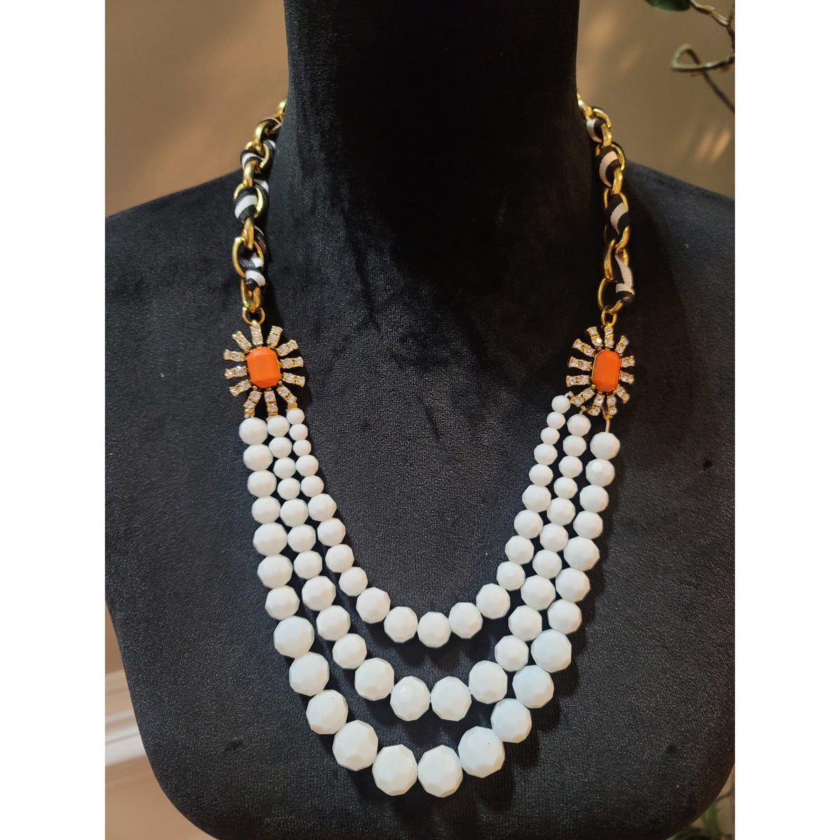 Plunder Orange White Beaded Necklace, Bracelet Earrings Set Statement Jewelry