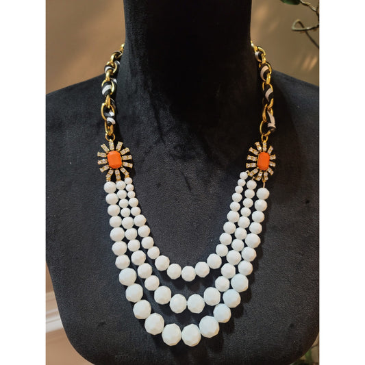 Plunder Orange White Beaded Necklace, Bracelet Earrings Set Statement Jewelry