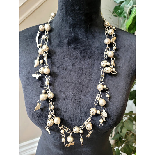 Vintage Style Pearl & Gold Tone Charm Necklace Layered Boho Statement Jewelry