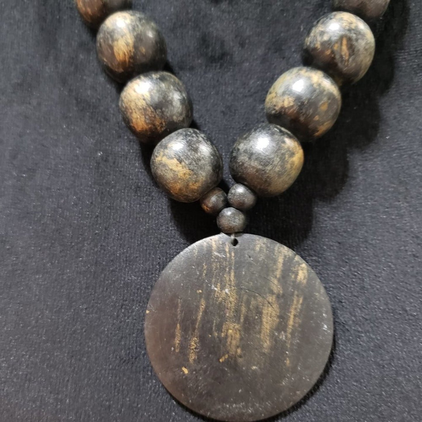 Womens Ethnic Boho Style Round Wooden Beaded Big Pendant Necklace w/ Lobster