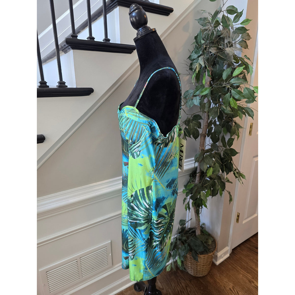 Merci Bodycon Dress Womens Large Multicolor Tropical Palm Padded Spaghetti Strap