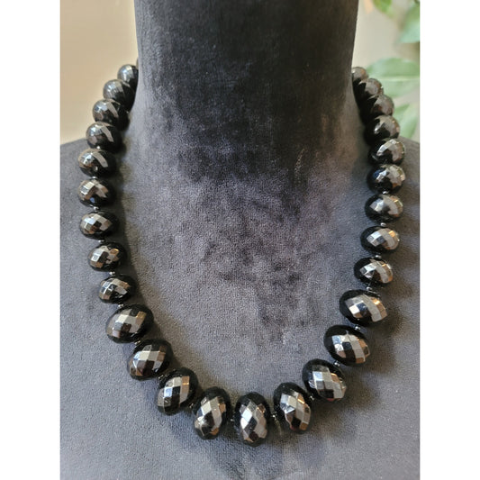 Women's Faceted Black Bead Necklace With Lobster Claw Clasp Elegant Jewelry