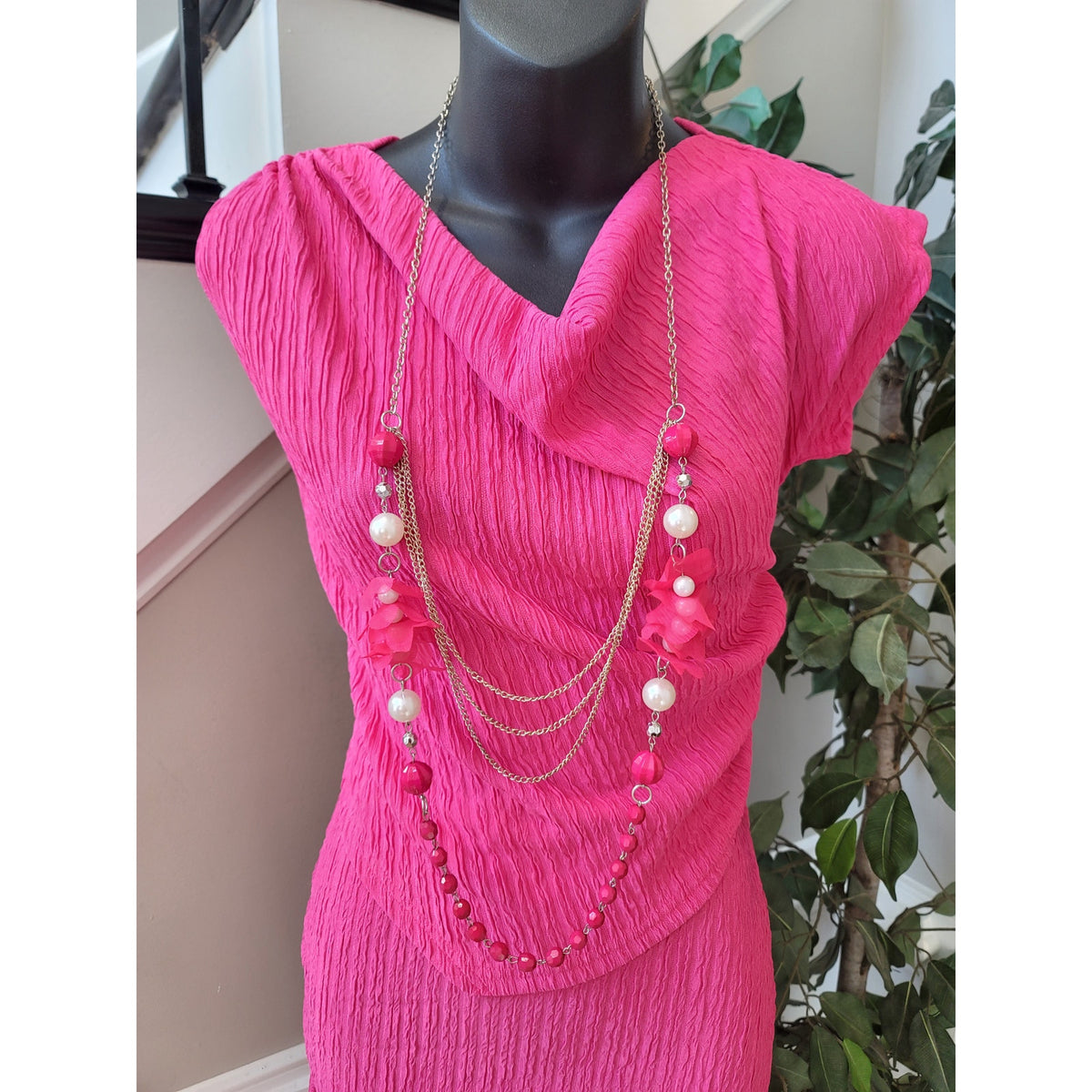 Two-Piece Dress Women's SZ XL Pink Ruched Cowl Neck Cap Sleeve Drawstring Tie