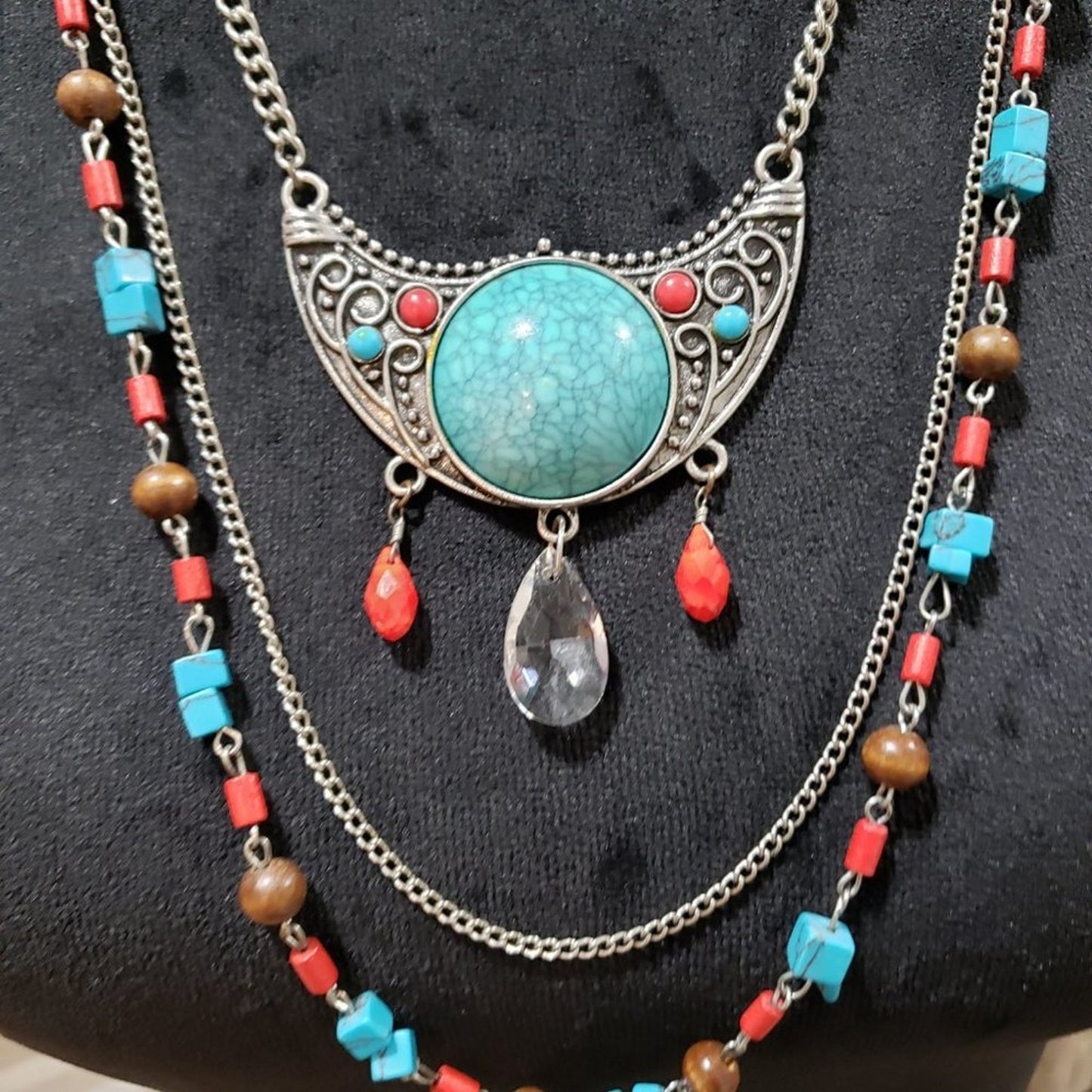 Women Fashion Silver Large Round Turquoise Stone Collar Necklace w/Lobster Clasp