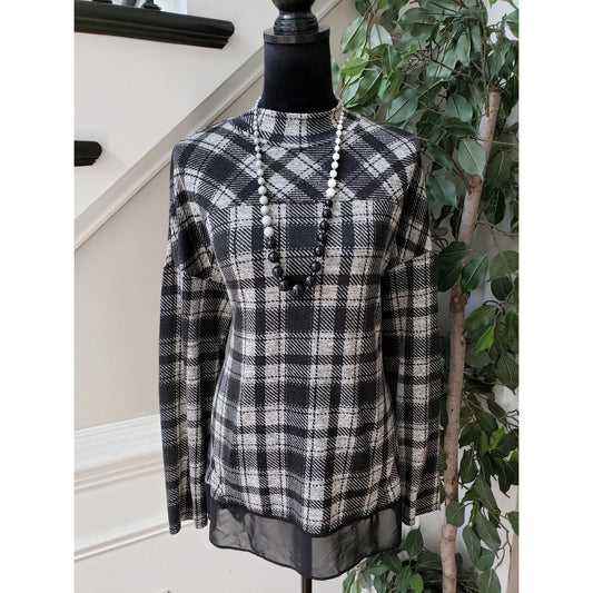 Style&co. Sweater Womens Large Gray Black Plaid Mock Neck Drop Shoulder Pullover