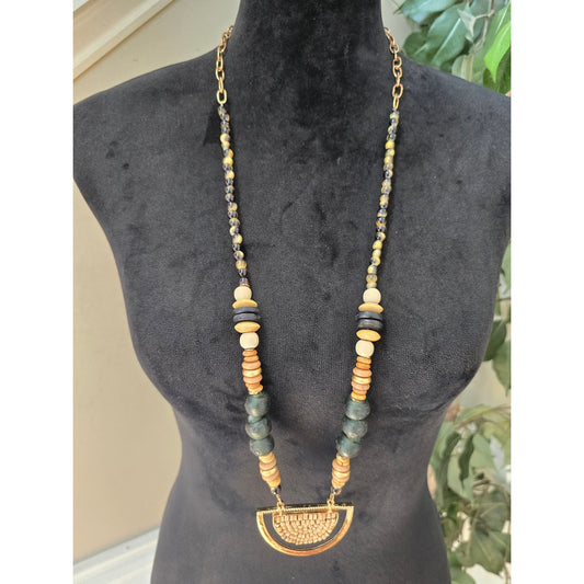 C 1946 Long Multicolor Beaded Necklace Gold Tone Geometric Pendant