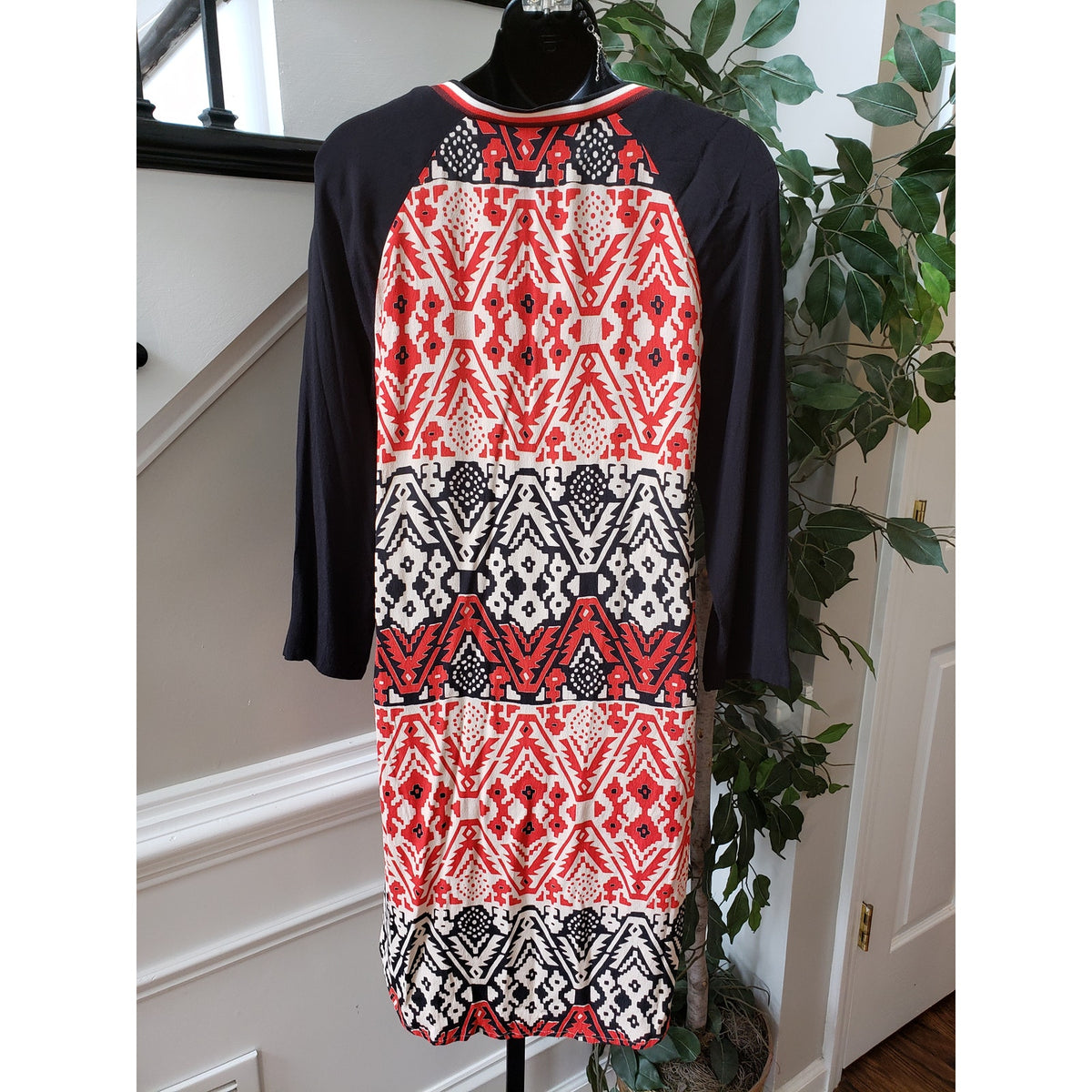Scotch and Soda Knee Length Dress Womens Multi Geo Print Viscose Split V Neck