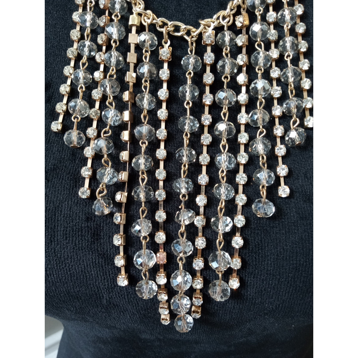 Gold Tone Rhinestone Crystal Fringe Bib Statement Necklace Glam Sparkle