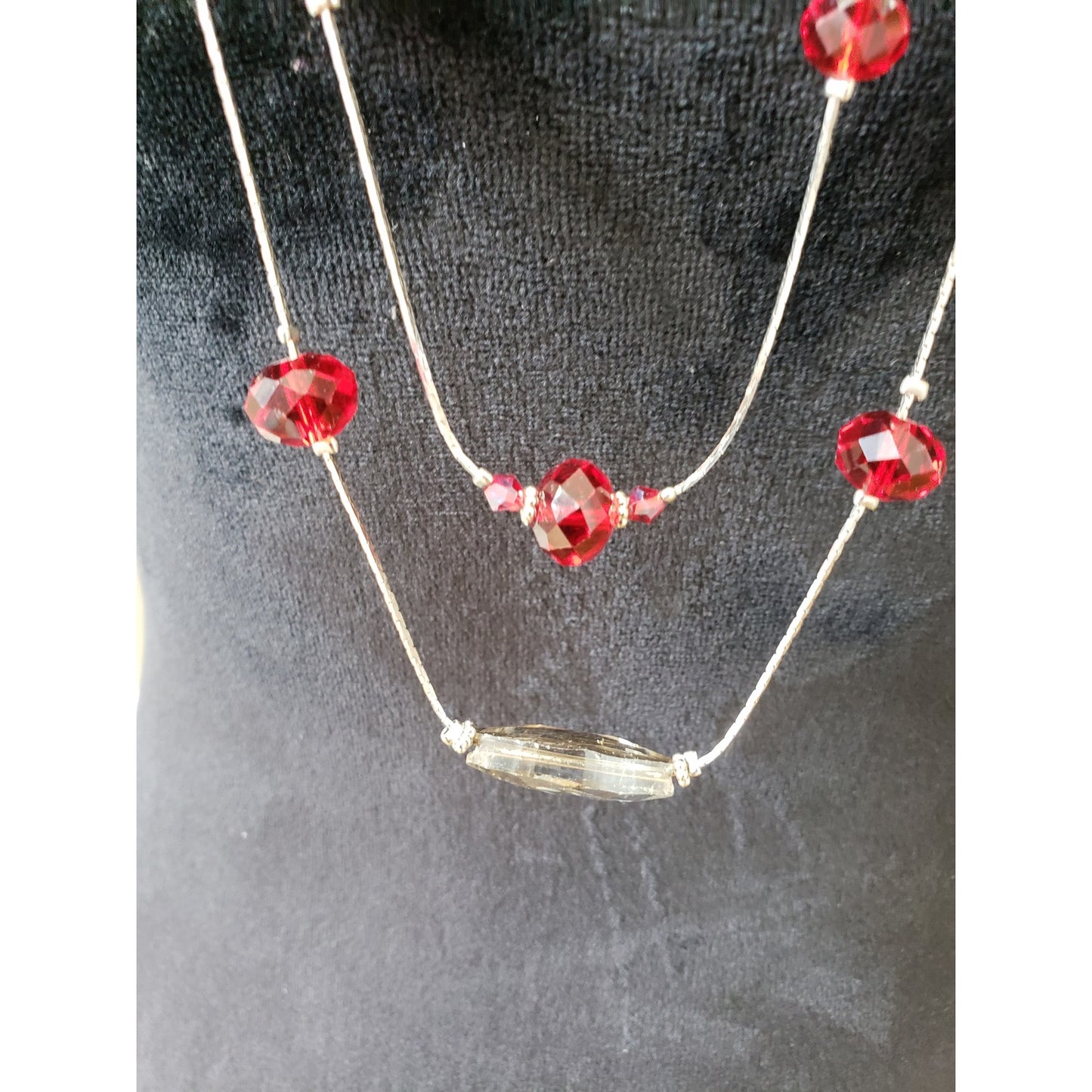 Women's Silver Tone Red Beaded Layered Necklace Long Statement Lobster Clasp