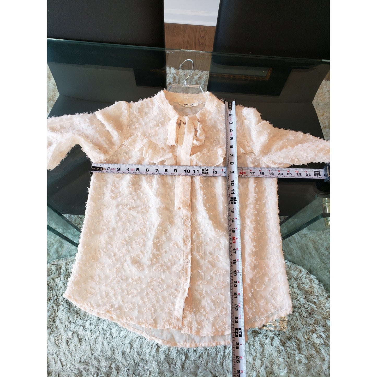 Listicle Button Down Shirt Womens Medium Beige Lace Sheer Tie Neck Long Sleeve