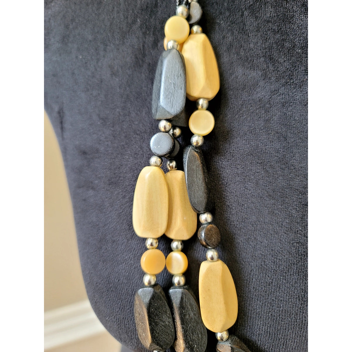 Black & Tan Wooden Beaded Multi-Strand Necklace Layered Boho Tribal Statement