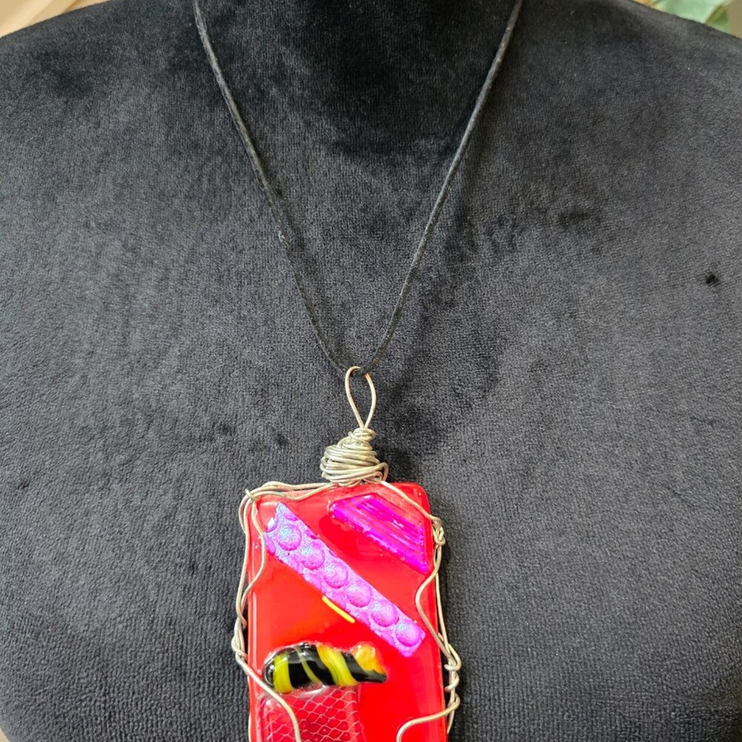 Womens Red Dichroic Dangling Square Pendant Necklace Jewelry with Lobster Clasp