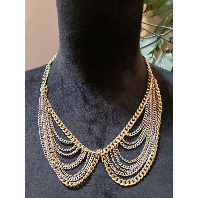 Women Fashion Gold Tone Multi Strand Link Chains Statement Necklace with Lobster