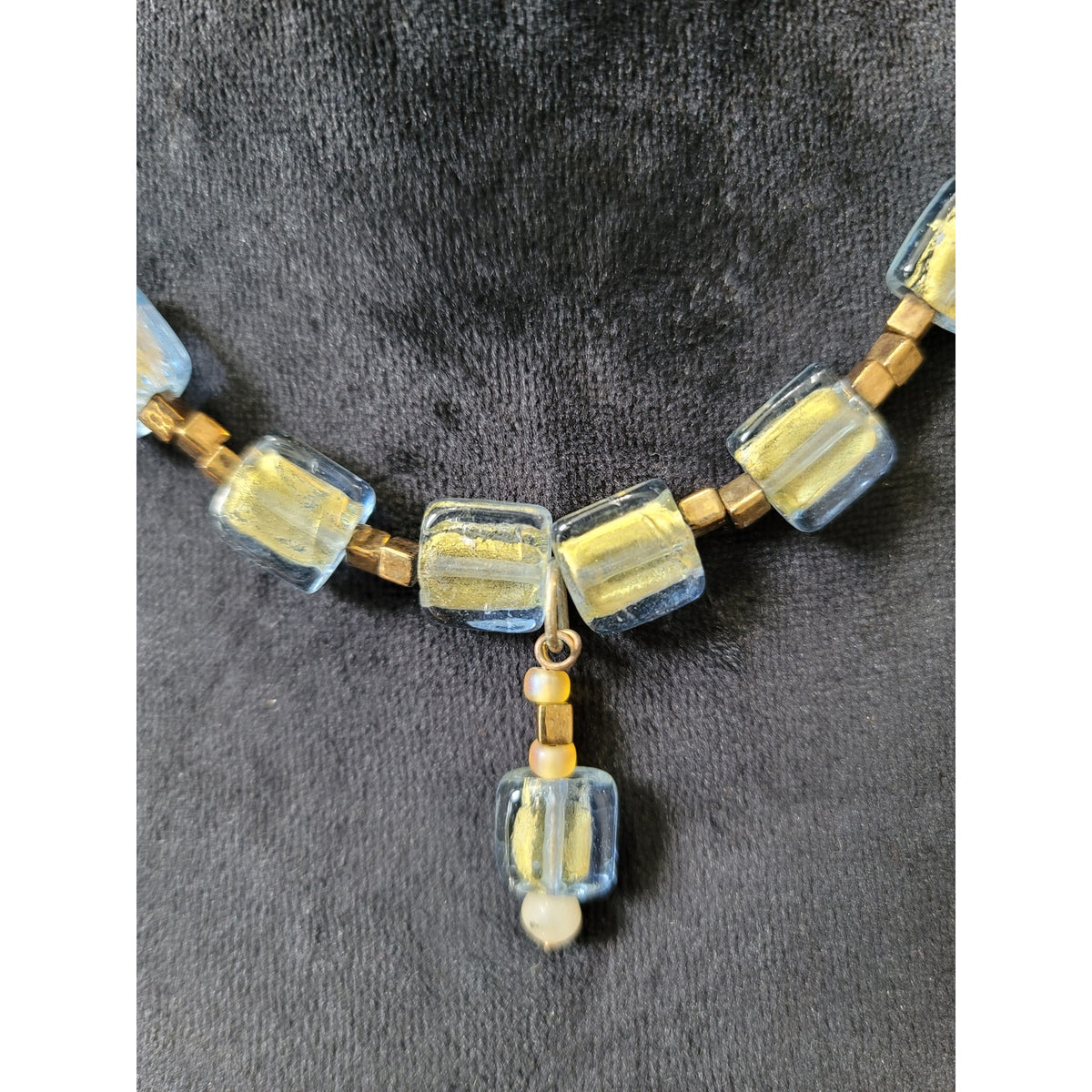 Women's Blue And Gold Glass Beaded Necklace With Barrel Screw Clasp Lock
