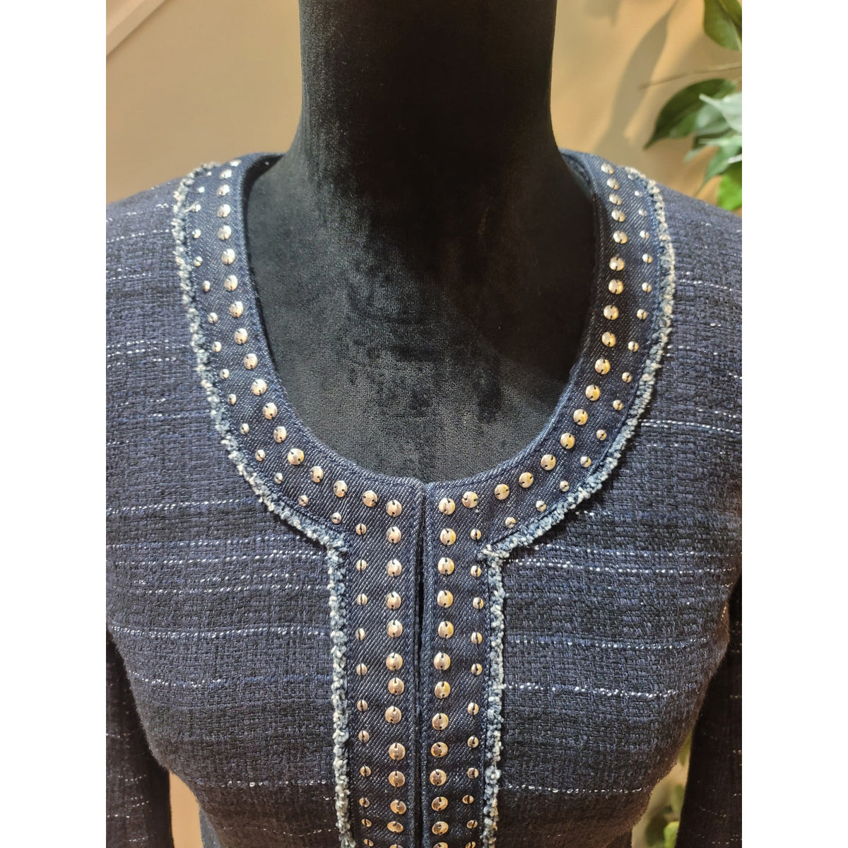 Loft Ann Taylor Blazer Jacket Women's SZ 8 Navy Blue Studded Frayed Faux Pockets
