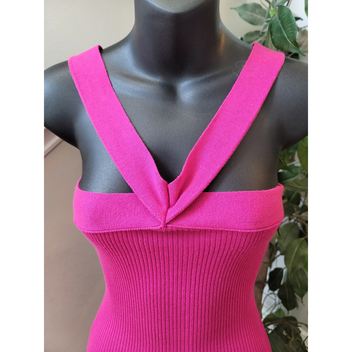 Boohoo Maxi Dress Women's Medium Hot Pink Ribbed Knit Two Tone Off The Shoulder