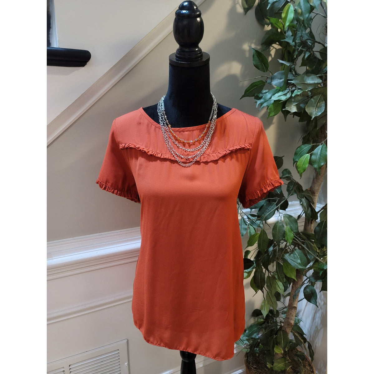 Loft Blouse Top Women's Medium Orange Gathered Ruffle Flutter Sleeve Boat Neck