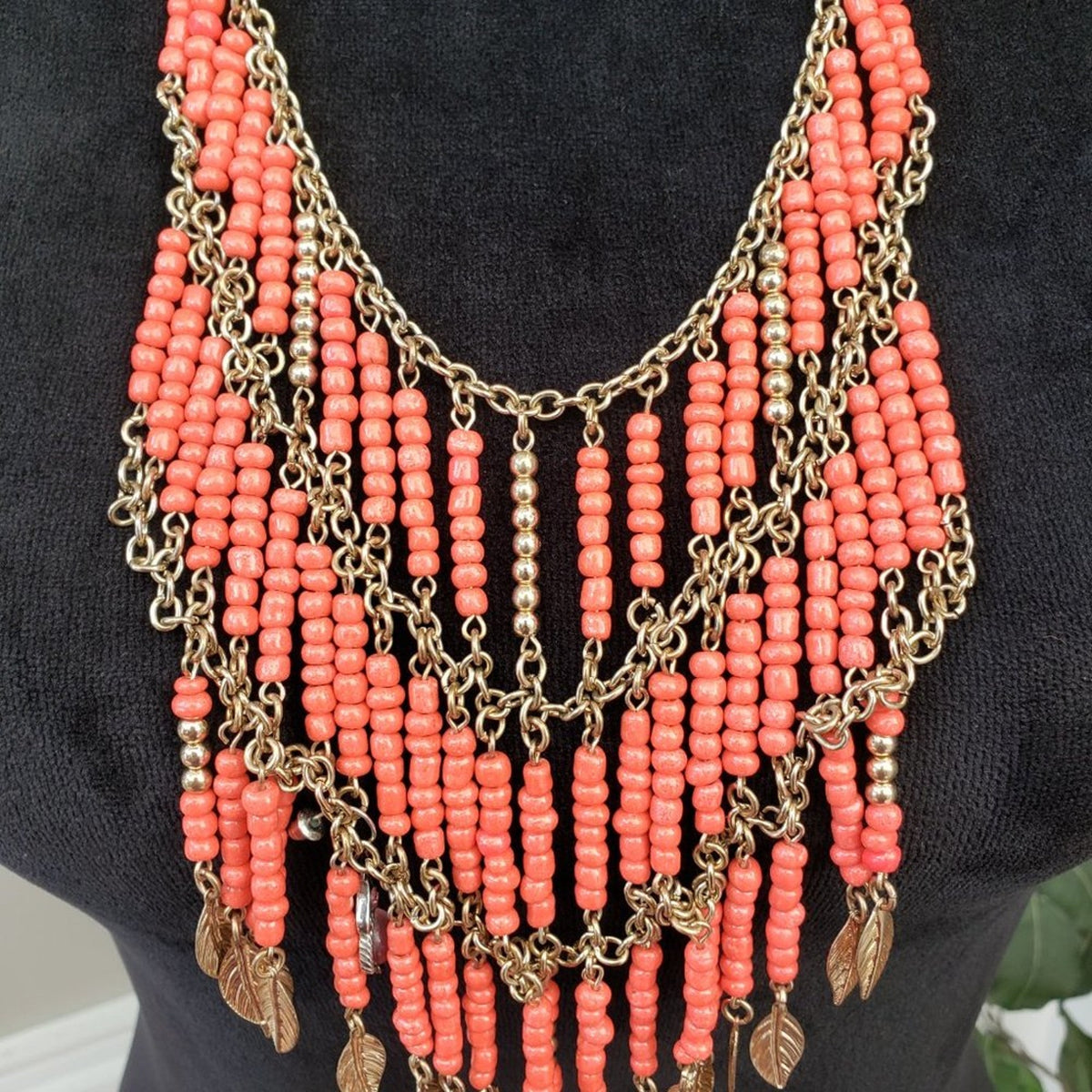 Womens Orange Tribal Beads Gold Tone Link Chain Statement Necklace Lobster Clasp