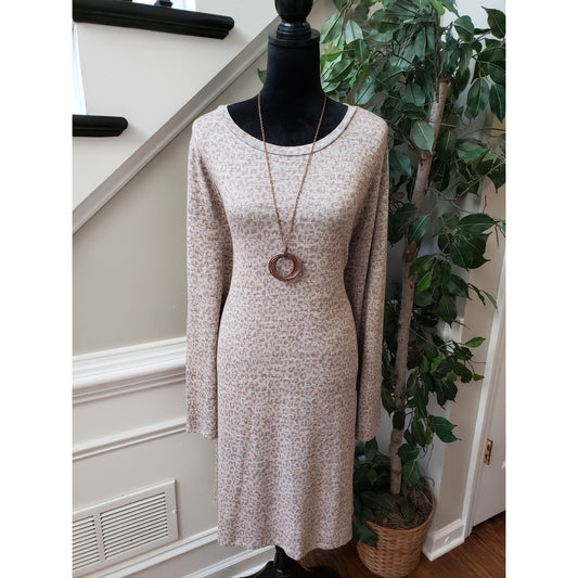 Dip Sheath Dress Womens XL Tan Leopard Stretch Long Sleeve Round Neck Pullover