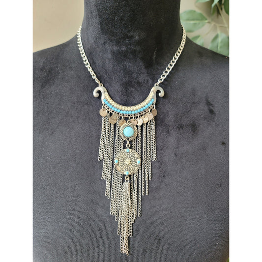 Women's Boho Statement Necklace With Lobster Clasp And Blue Stone Accents