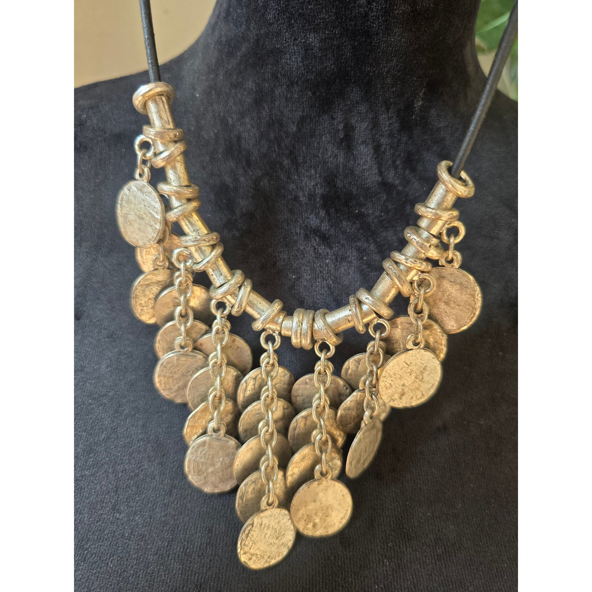 Silver Tone Hammered Disc Bib Statement Necklace Boho Tribal Chunky Fashion