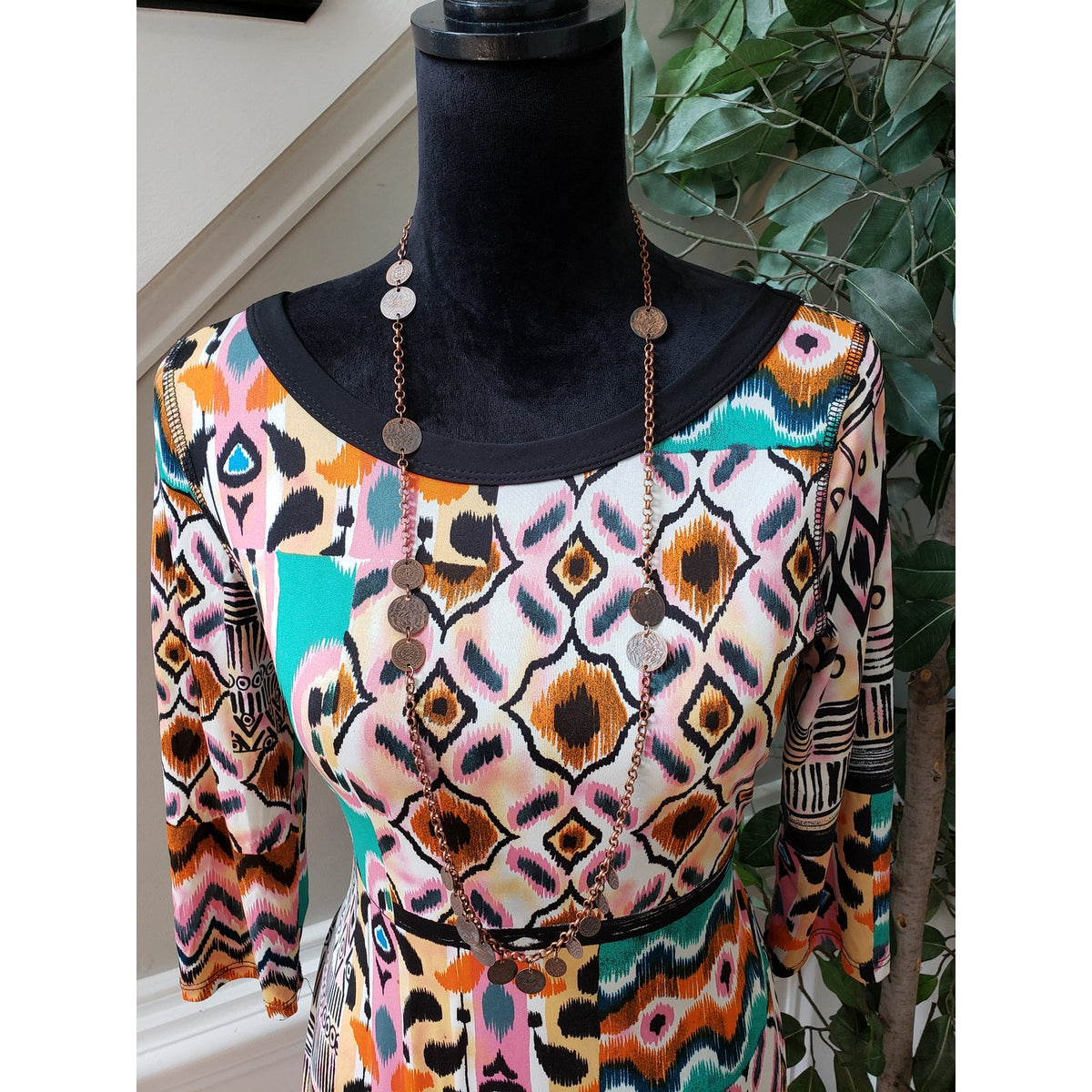 Signature by Robbie Bee Shift Dress Womens M Multi Geo Print Stretch Boat Neck