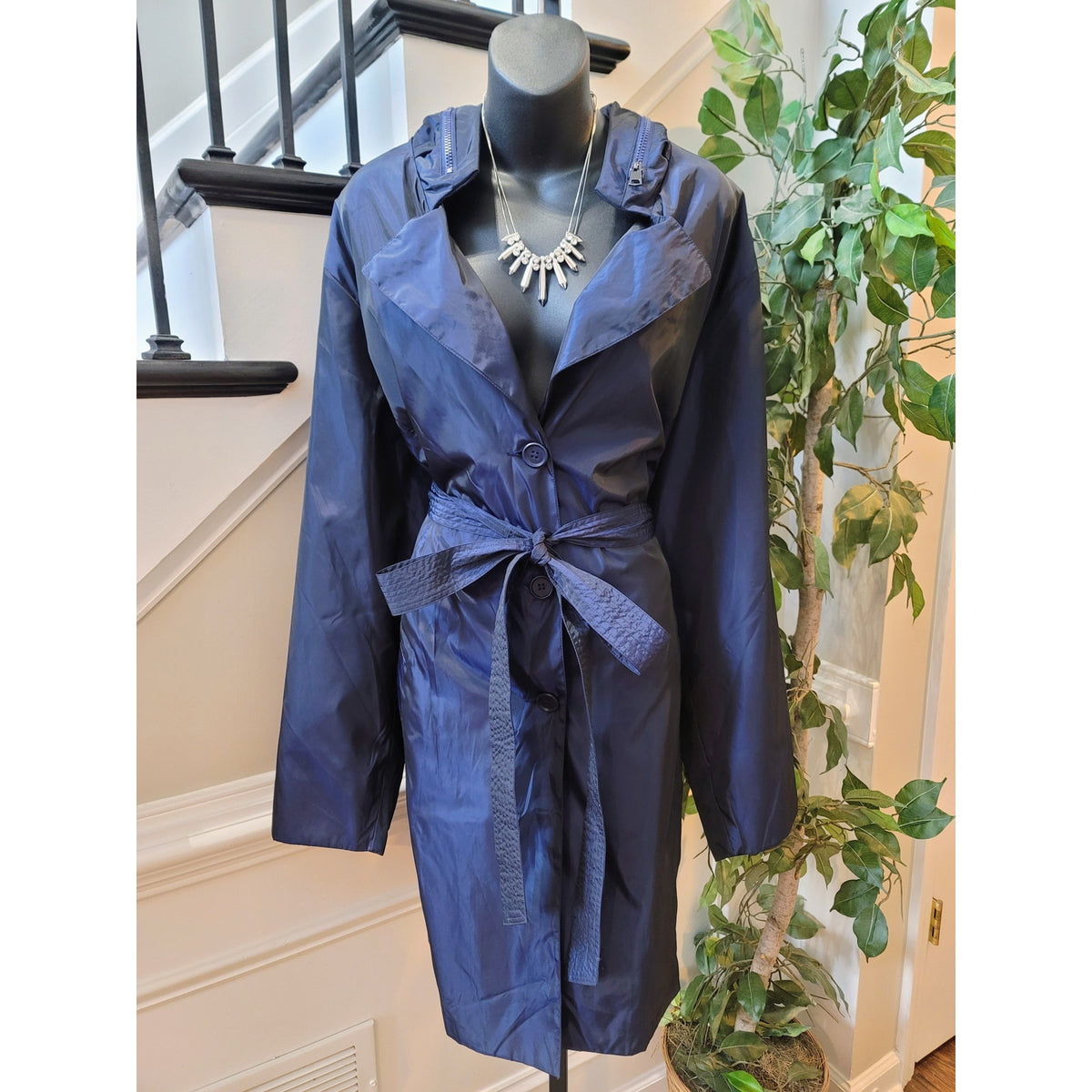 Selection Trench Raincoat Women's Size 28/30 Blue Button Front Back Zipper