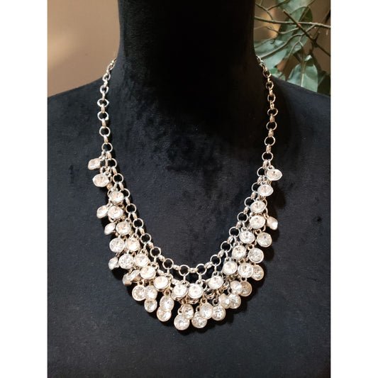 Women Fashion Silver Tone Crystals Cluster Bib Necklace Jewelry w/ Lobster Clasp