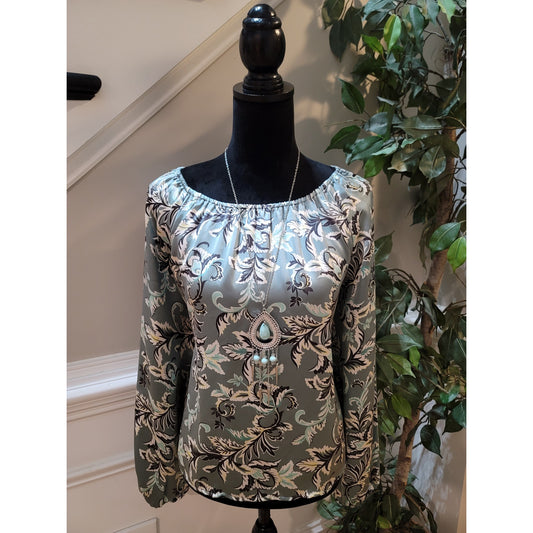 LOFT Blouse Women's Size Small Multicolor 100% Polyester Boat Neck Long Sleeves