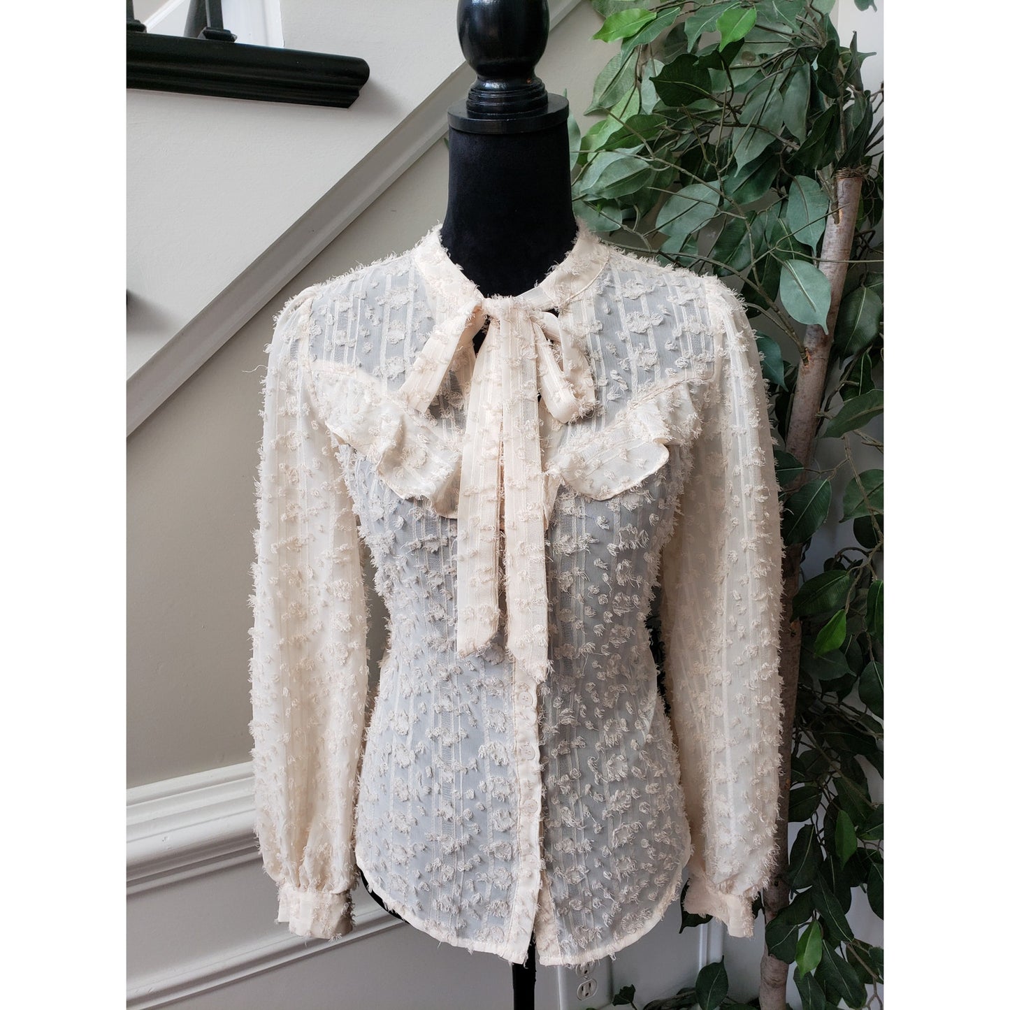 Listicle Button Down Shirt Womens Medium Beige Lace Sheer Tie Neck Long Sleeve