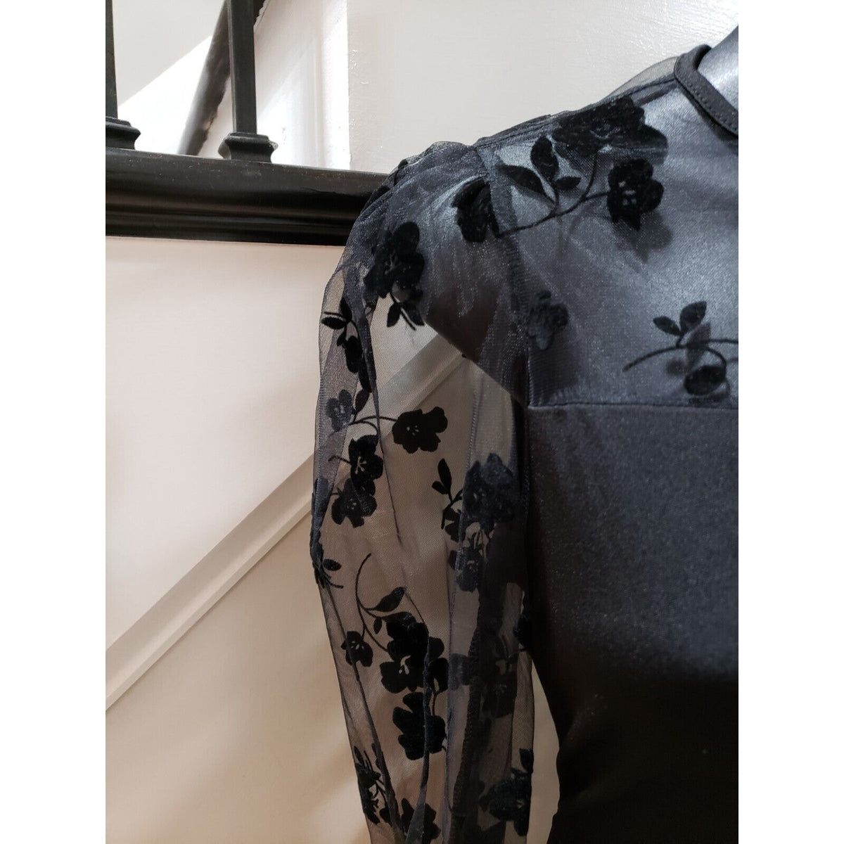 SHELN Women Black Lace Floral Ruffle Back Zip Long Sleeve Long Maxi Dress US 6