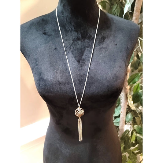 Women's Long Pendant Necklace Silver Filigree Ball Tassel Lobster Clasp Gift