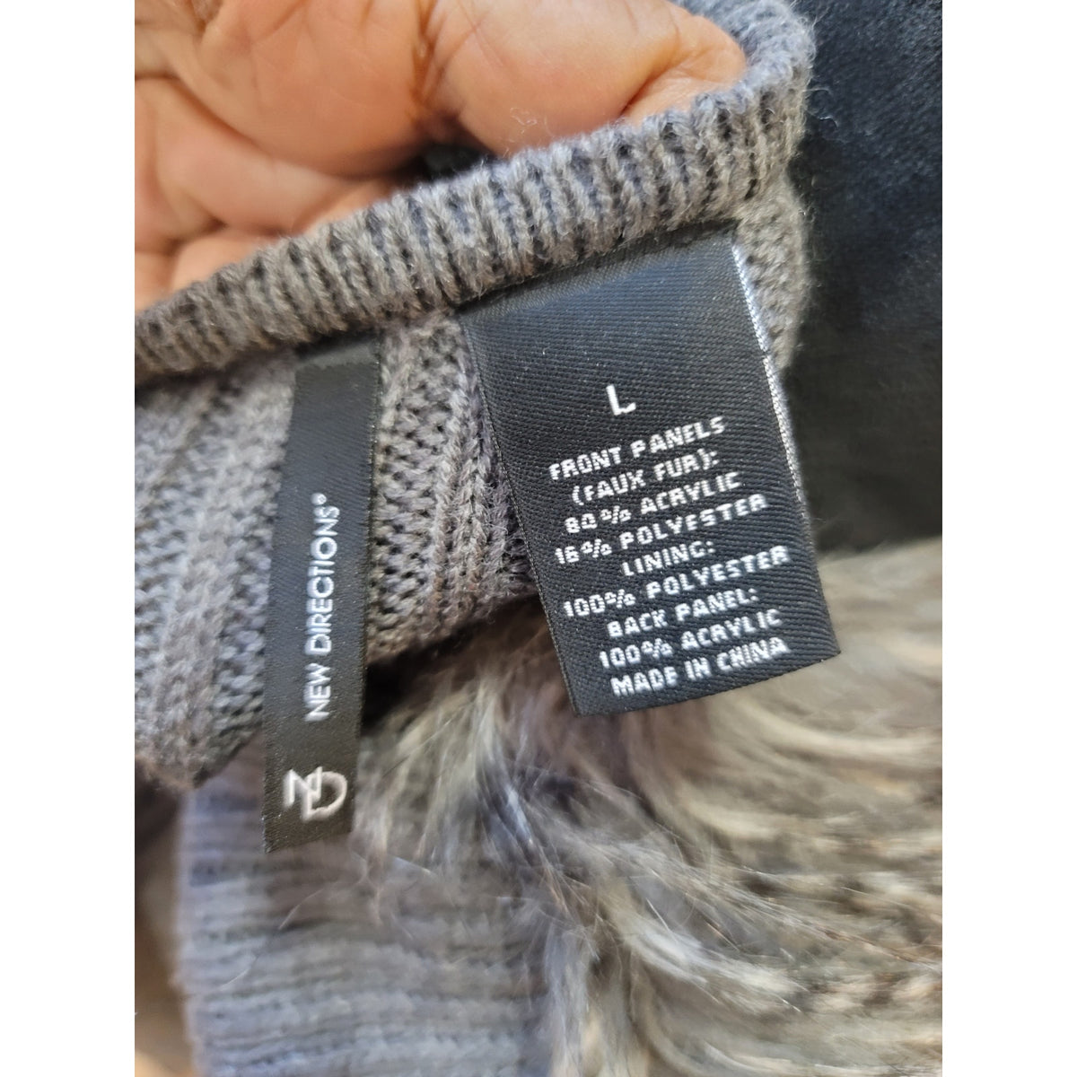 New Directions Faux Fur Vest Women's Large Gray Ribbed Open Front Sleeveless