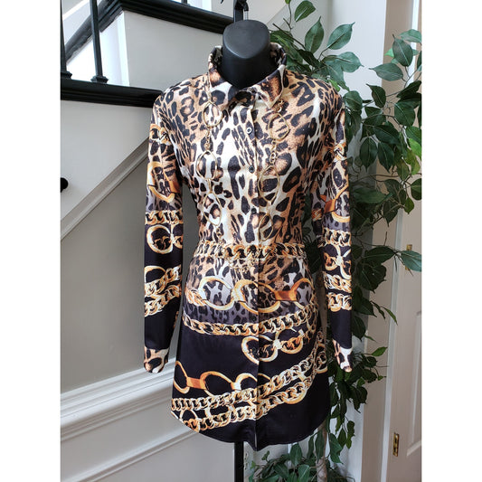 Womens Knee Length Shirt Dress Small Multi Leopard Print Collared Button Front