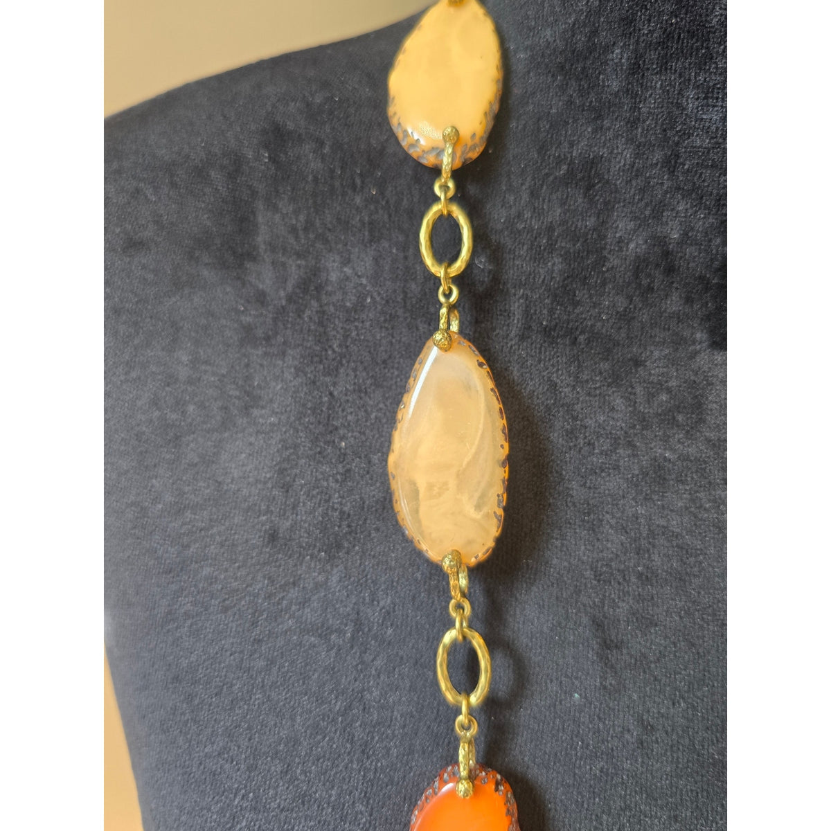 Orange Peach Oval Beaded Long Necklace Gold Tone Boho Station Jewelry