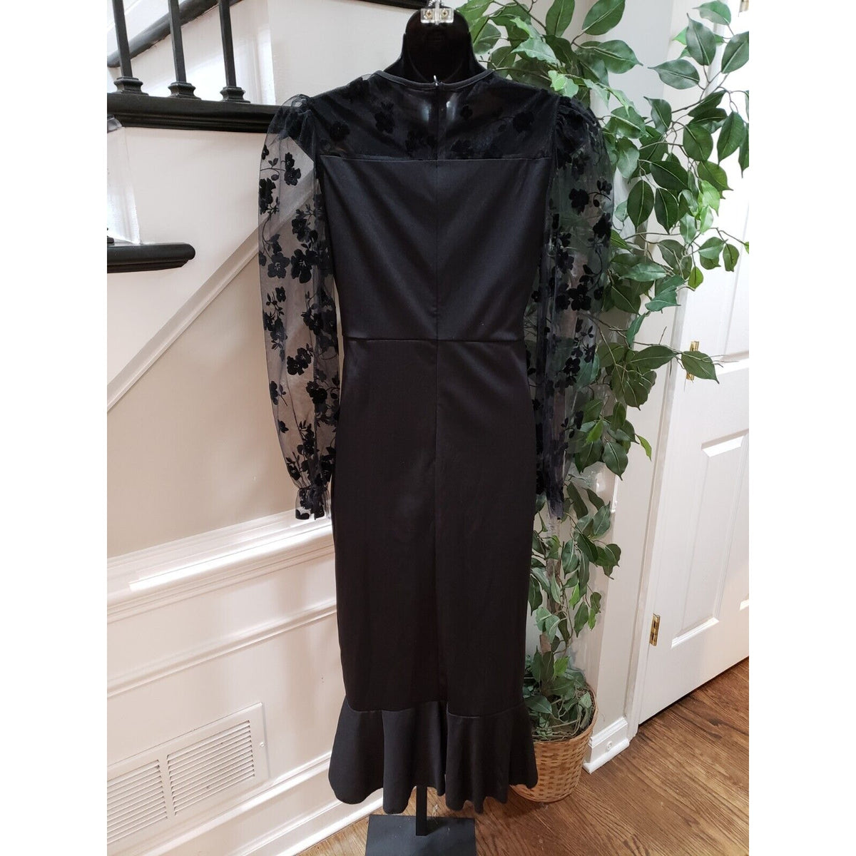 SHELN Women Black Lace Floral Ruffle Back Zip Long Sleeve Long Maxi Dress US 6