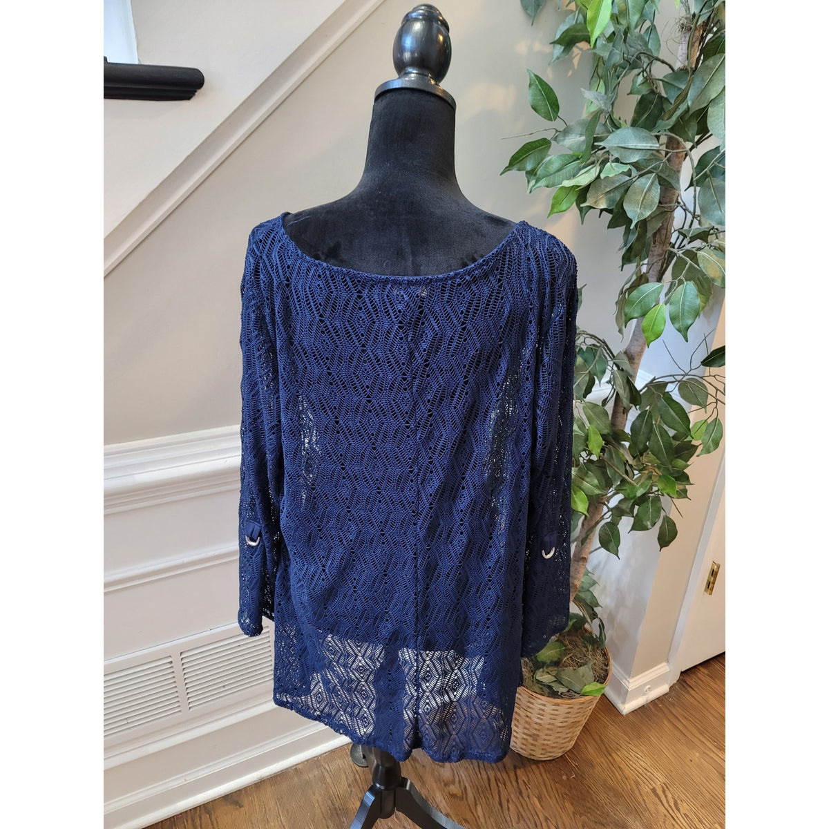 Cal Style Sheer Blouse Women's Size 3X-Large Navy Blue Boat Neck Long Sleeves
