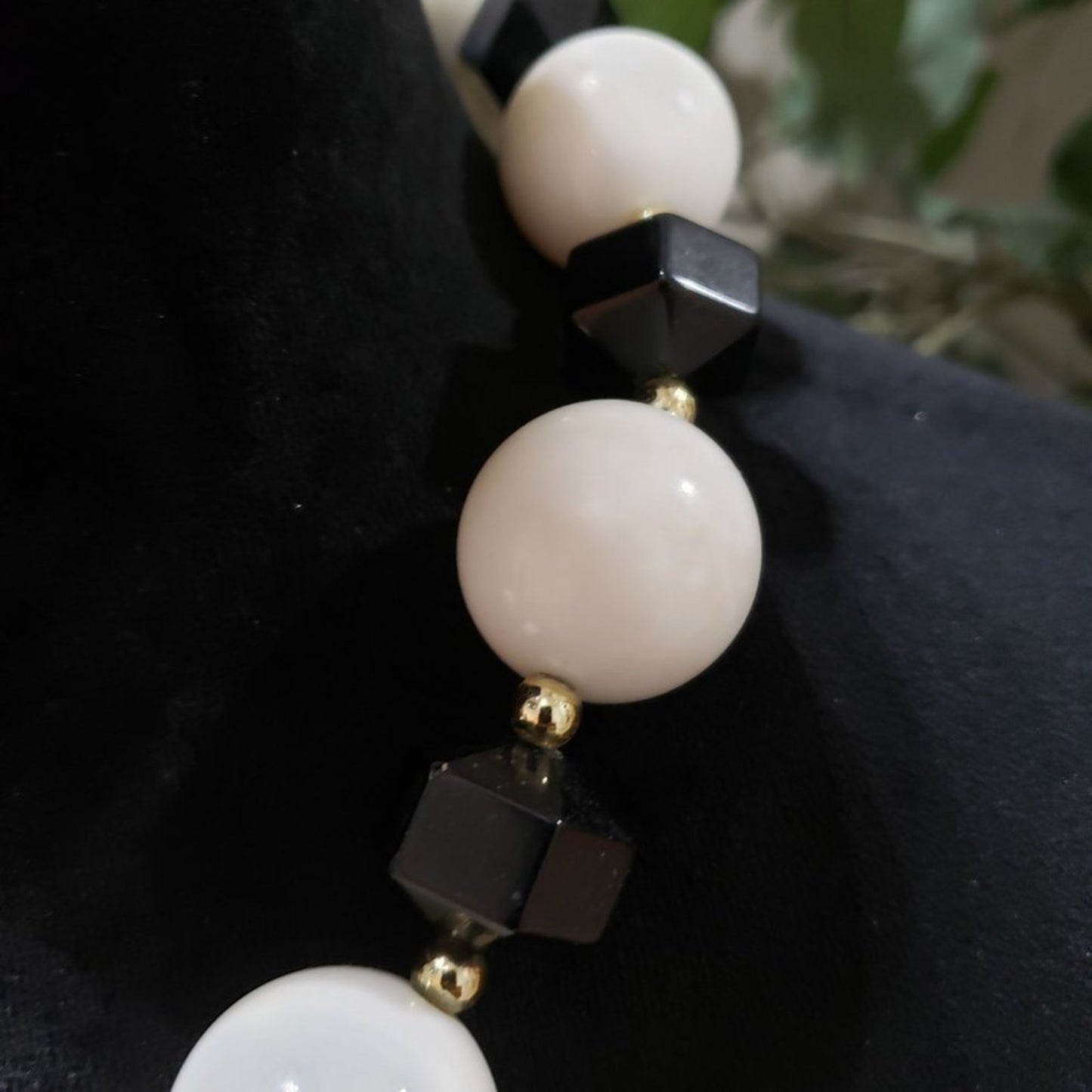 Womens Fashion Black Stone Freshwater Pearl Beaded Necklace with Lobster Clasp