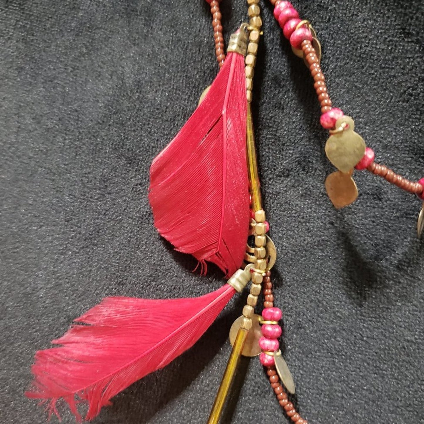 Womens Fashion Feather Beaded Three Strands Statement Charm Necklace w/ Lobster