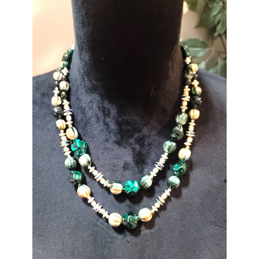 Women's Green & Gold Beaded Necklace Double Strand with Clasp Jewelry