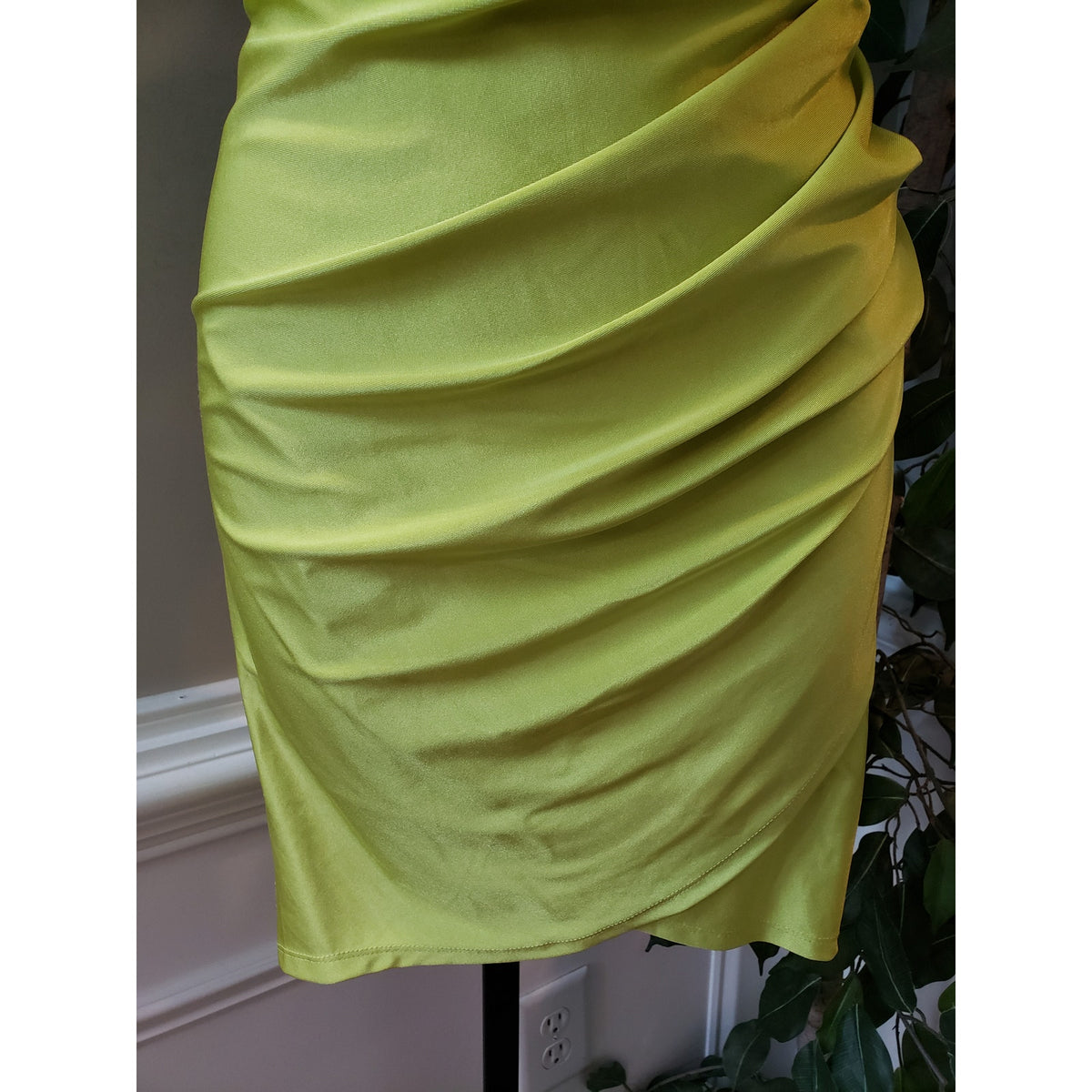 Blaishe Mini Bodycon Dress Womens Medium Lime Green Satin Faux Wrap Square Neck