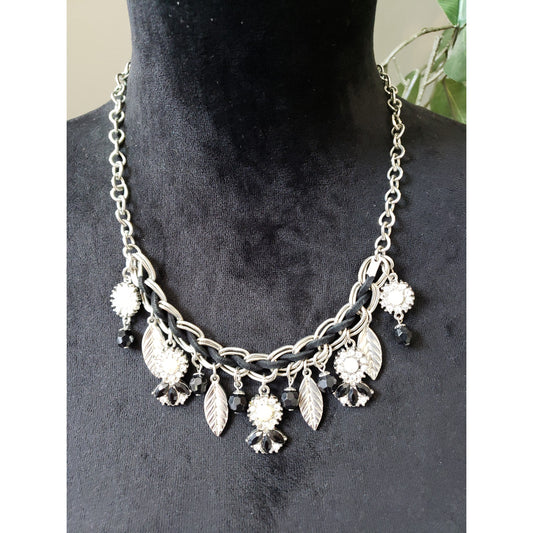 Women's Silver Black Statement Necklace Leaf Charm Crystal Beaded Chain