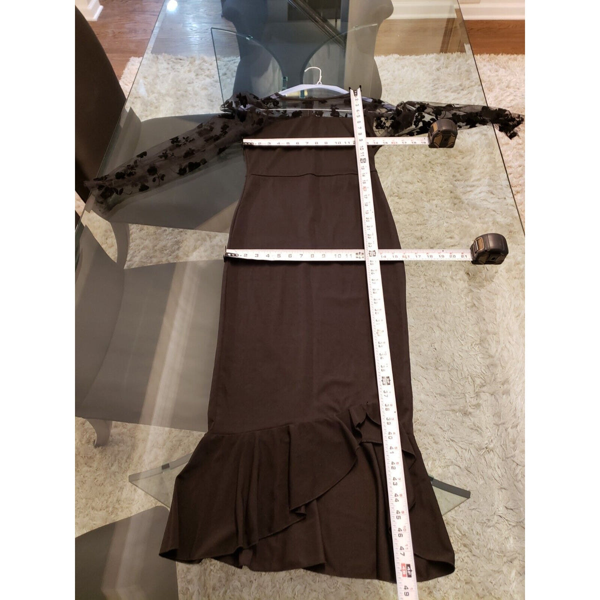 SHELN Women Black Lace Floral Ruffle Back Zip Long Sleeve Long Maxi Dress US 6