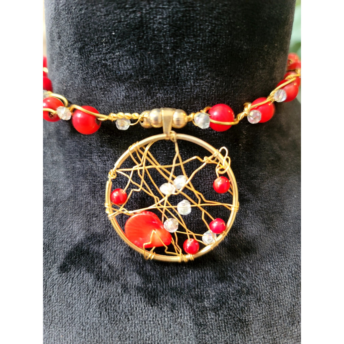 Red Beaded Gold Tone Dreamcatcher Pendant Statement Necklace Boho