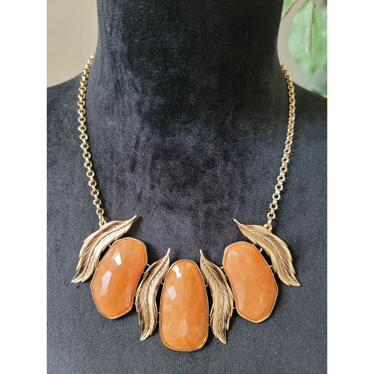Women Gold Chain Statement Necklace With Orange Gemstones And Lobster Clasp Lock